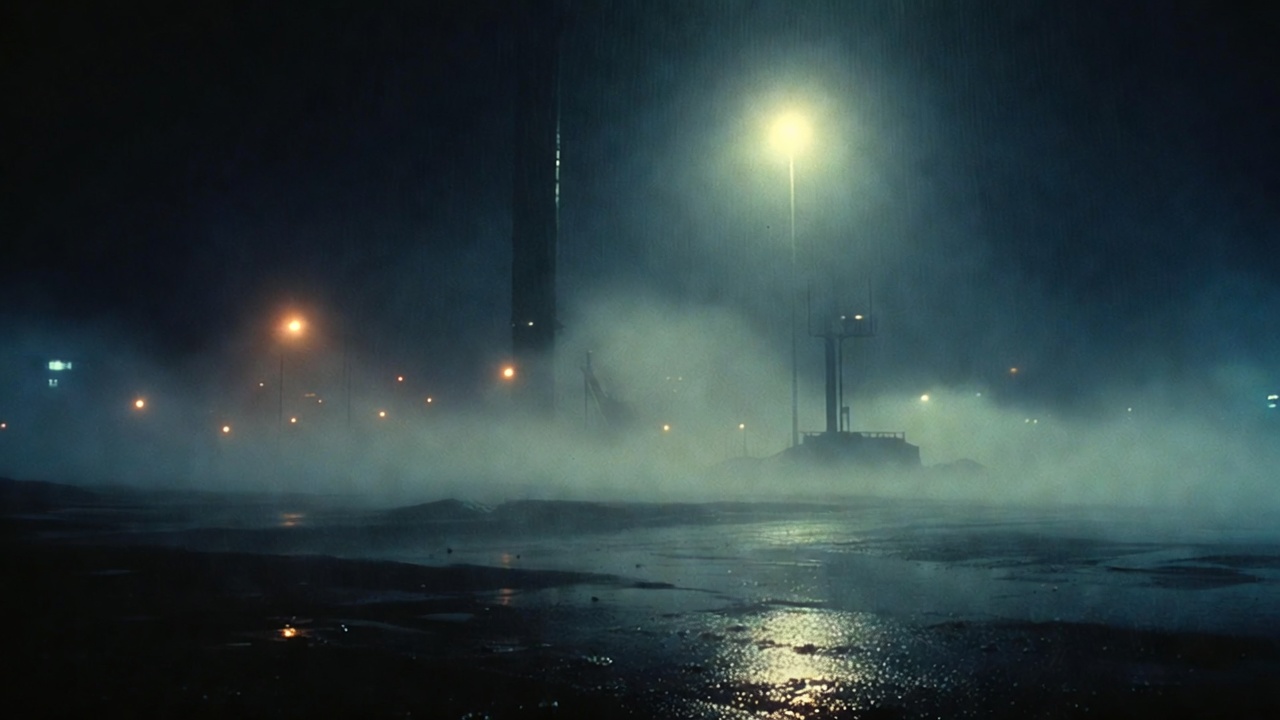A dark rainy industrial night: wet reflective ground, drifting mist and distant structures lit by a bright lamp